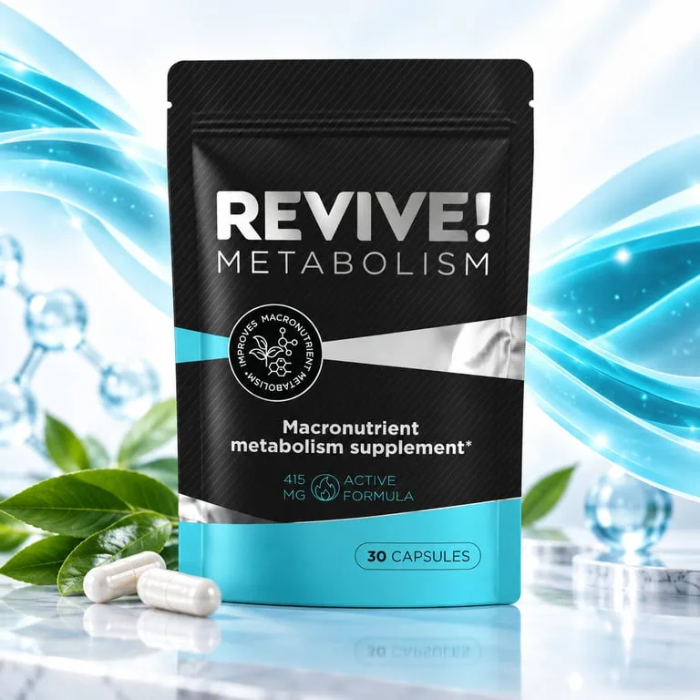 Pouch of Revive! Metabolism capsules next to loose capsules