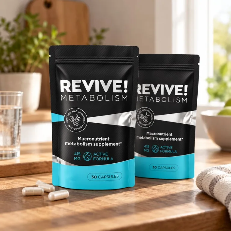 Two pouches of Revive! Metabolism on a kitchen table with a glass of water